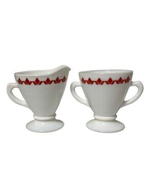 Vtg Hazel Atlas Sugar Creamer White Red Tulip Milk Glass Open Footed Handles